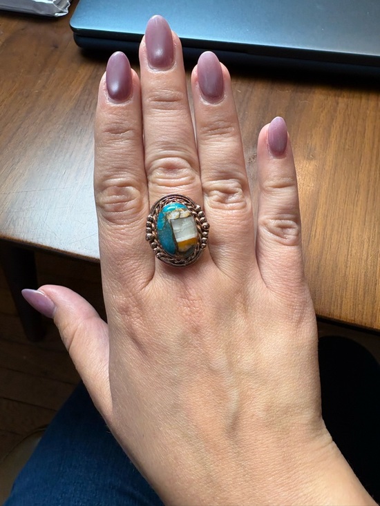Hand Crafted Jewelry - Hand Crafted Turquoise, White & Amber Copper Inlay Ring